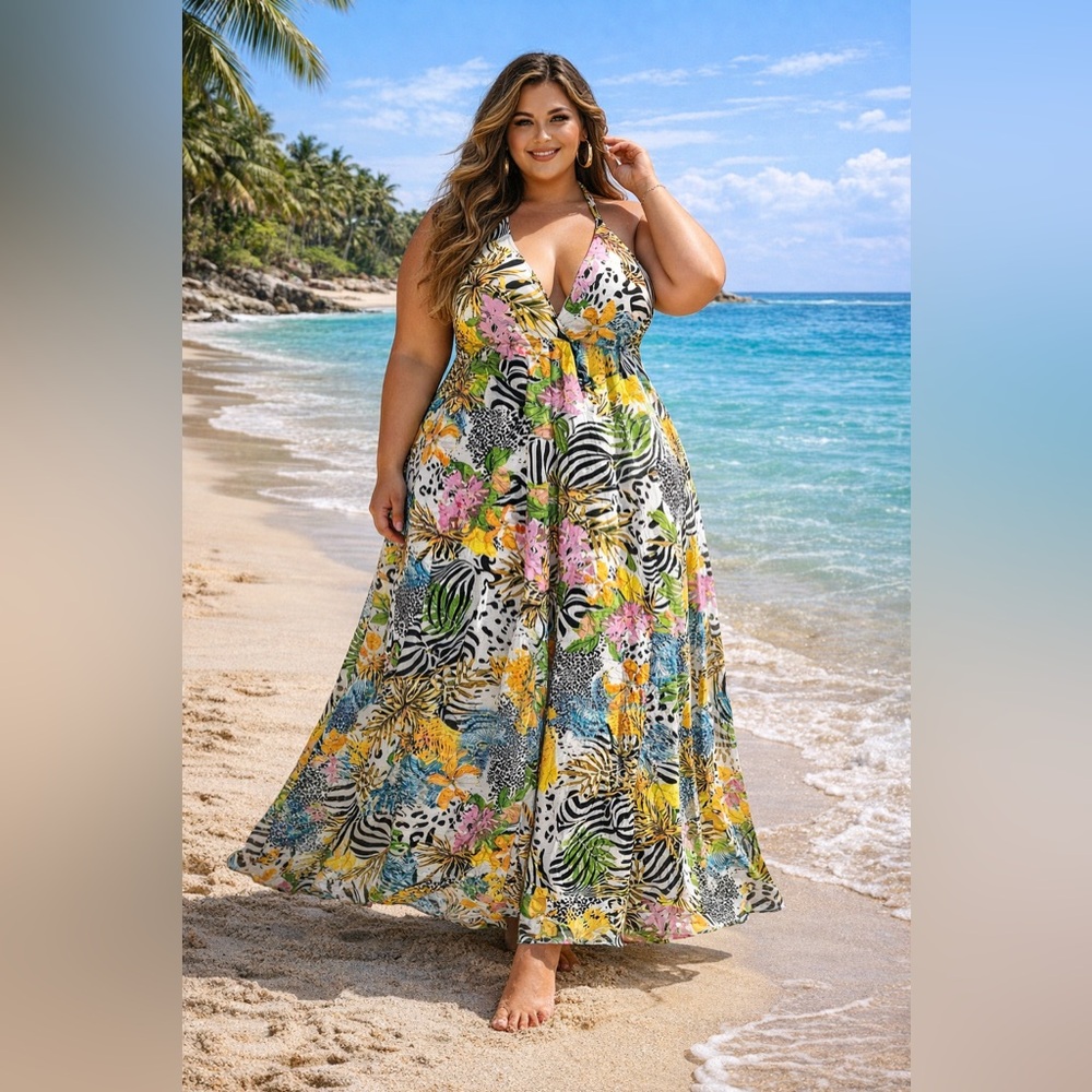 Womens Maxi Halter Dress‎ 4XL Floral Island Tropical Resort Beach Silky Wrap